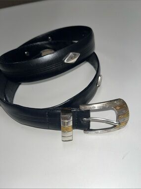 Bill Adler Studio Black Leather Belt with Two-Tone Silver & Gold Buckle 42”